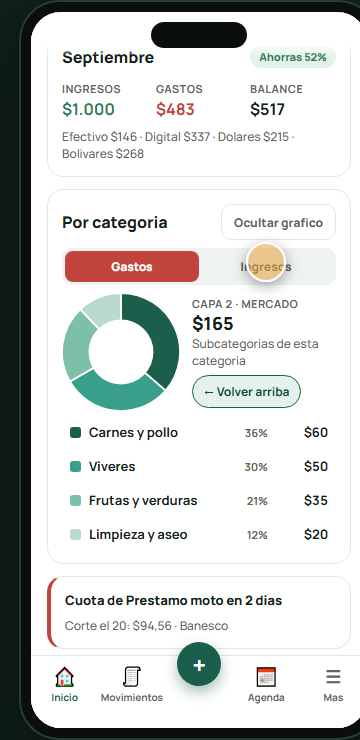 Grafico de torta por categorias abierto en subcategorias de Mercado