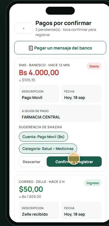 Pagos por confirmar con monto, fecha, contraparte y categoria sugerida
