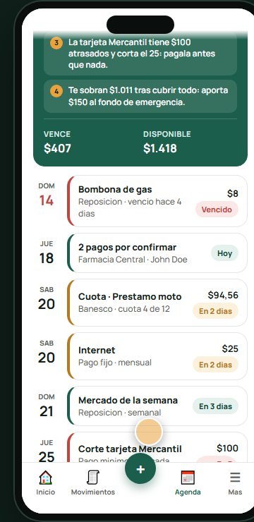 Agenda con el resumen del asistente y los pagos de la semana